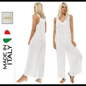 Elena Baldi 100% Linen Wide Leg Back Keyhole Tie Pockets Romper Jumpsuit Small